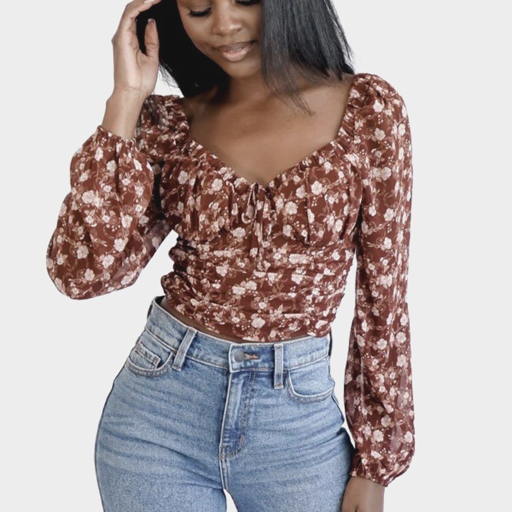 LE LIS Peasant Top Blouse Size L Brown Dark Floral Crop Boho Cottage Milkmaid